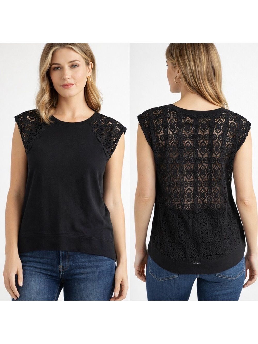 PAM & GELA BLACK LACE BACK HI-LOW SLEEVELESS SWEATSHIRT TOP BOHO CHIC SIZE MED